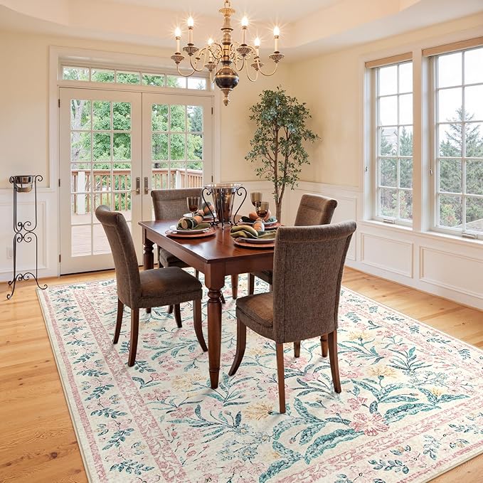 Morebes Washable Area Rugs 9x12 Living Room, Large Pink and White Floral Rug for Bedroom, Ultra-Thin Boho Rug Non Slip Distressed Soft Carpet for Nursery Girls Home Dining Room Decor