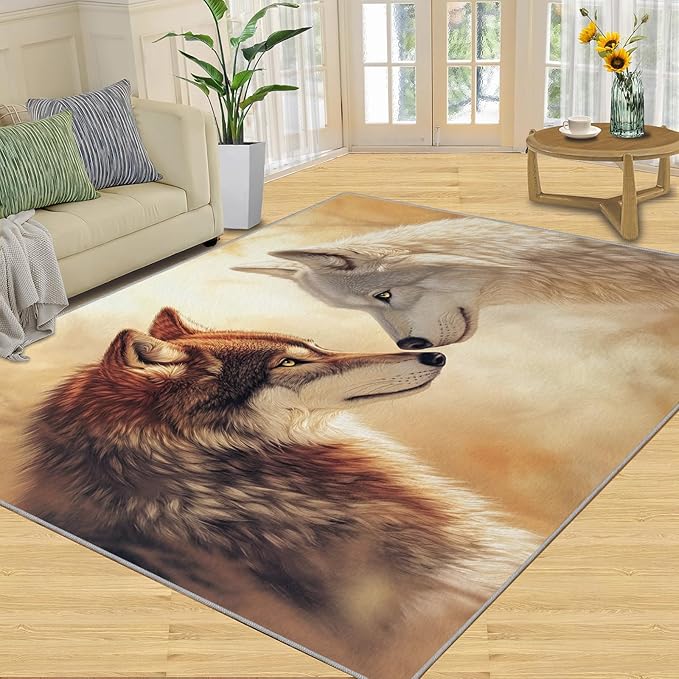Wolf Rugs for Bedroom - 2x3 Area Rug - 3D Wolf Rugs for Living Room, Misty Forest Rug, Non-Slip Washable Home Decor Carpet