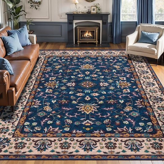 Tangsoo 5x7 Washable Rug, Floral Vintage Large Area Rugs for Living Room, Indoor Non Slip Print Floor Carpet, Soft Low Pile Machine Washable Rug for Bedroom Dining Room Dorm Home Decor Navy Blue