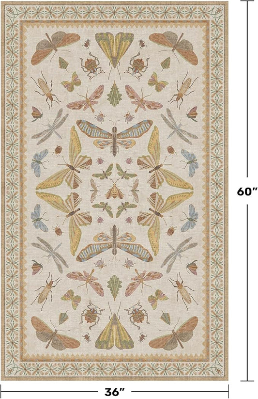 3x5 Washable Non-Slip Bathroom Rug, Colorful Insect Rug for Kids Room - Ultra Soft Low Pile Cottagecore Butterfly & Beetle Pattern for Nature-Inspired Home Décor