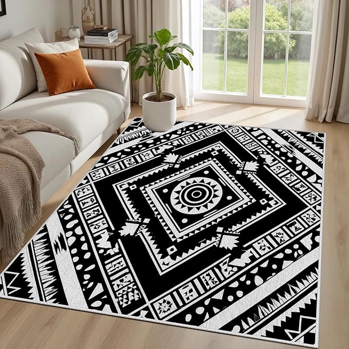Area Rugs for Living Room 7x10, Moroccan Washable Low Pile Rug, Boho Neutral Farmhouse Ultra Soft Carpet for Bedroom Dining Room Home Decor, Geometric Print Tribal Carpets Black and White