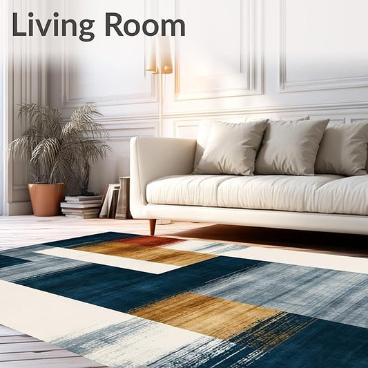 Flatwoven High Traffic Area Rug 8x10, Eclectic Funky Ink Wash Design Abstract Area in Multi Tone, Non Slip, Stain Resistant, Washable Area Rugs for Living Room, Bedroom (Blue, 8x10)