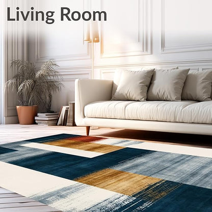 Flatwoven High Traffic Area Rug 5x7, Eclectic Funky Ink Wash Design Abstract Area in Multi Tone, Non Slip, Stain Resistant, Washable Area Rugs for Living Room, Bedroom (Blue, 5x7)