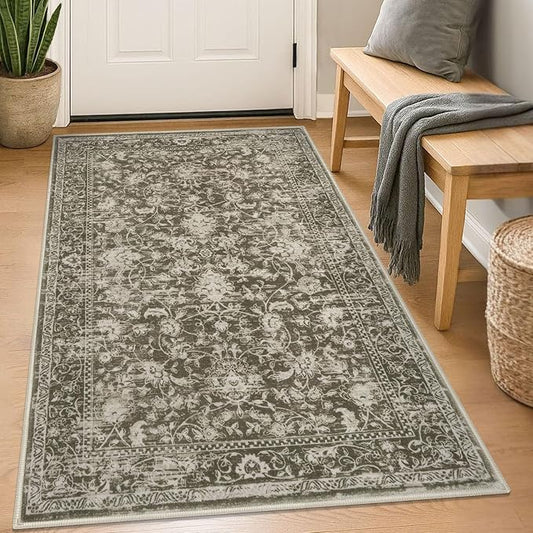 KILOCOCO Area Rug 3x5 Entryway Rug Washable Printed Vintage Floral Rubber Backed Non Slip Indoor Kitchen Rugs for Living Room Laundry Room Playroom Mudroom Moroccan Area Rugs, Taupe/Green