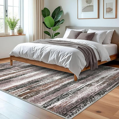 Modern Abstract 5x7 Machine Washable Area Rug Non-Slip Soft Bedroom Living Romm Rug Dark Light Brown White Ultra Thin Print Faux Wool Floor Carpet Throw Rugs for Dining Room Indoor Office