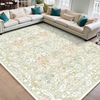 Floral Sage Green Washable Area Rugs 9x12 for Living Room, Vintage Large Thin Botanical Rug for Bedroom, Dining Room Under Table - Cottagecore Soft Boho Accent Carpet with Low Pile & Non-Slip