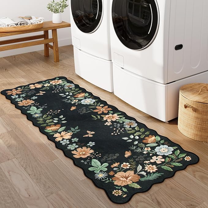 Lahome Floral Kitchen Runner, 2x5 Soft Washable Runner Rug Non Slip, Ultra-Thin Hallway Rug Stain Resistant Boho Carpet for ‎Laundry Bathroom Bedroom, Black/Grey