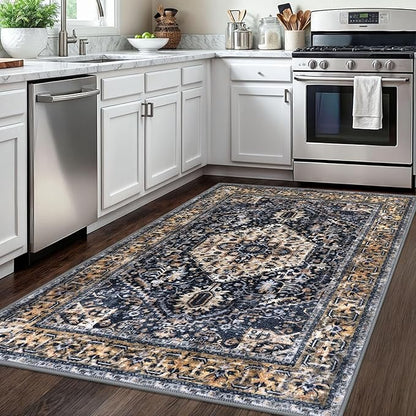 KOZYFLY Boho Area Rug 4x6 Ft Rugs for Entryway Washable Entry Rug Non Slip Rugs for Living Room Gold Navy Printed Faux Wool Vintage Bedroom Throw Rug for Entrance Kitchen Living Room