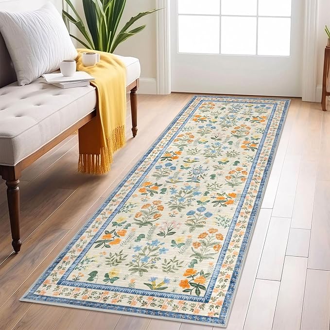 Boho Floral Machine Washable Runner Rug 2x6, Garden Yellow-Green Kitchen Runner Rug Non-Slip, Super Thin Hallway Rug Runner Printed Faux Wool Soft Carpet for Entryway Bedroom Laundry Indoor