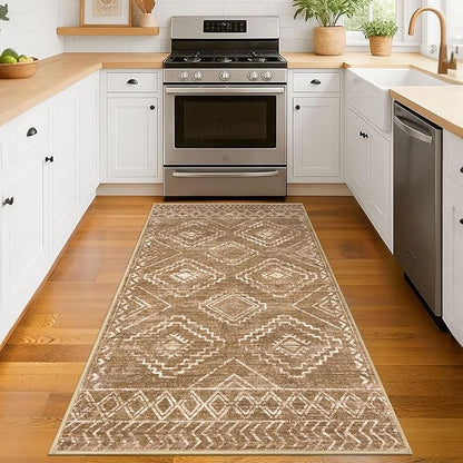 KILOCOCO Entryway Rug 3x5 Area Rug Boho Washable Non Slip Printed Throw Rugs Soft for Kitchen Living Room Dining Bedroom Geometric Moroccan Carpet, Yellow Brown Orange