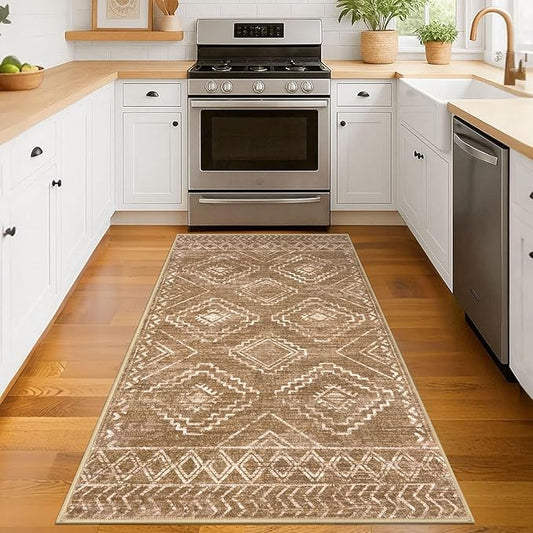 KILOCOCO Entryway Rug 3x5 Area Rug Boho Washable Non Slip Printed Throw Rugs Soft for Kitchen Living Room Dining Bedroom Geometric Moroccan Carpet, Yellow Brown Orange