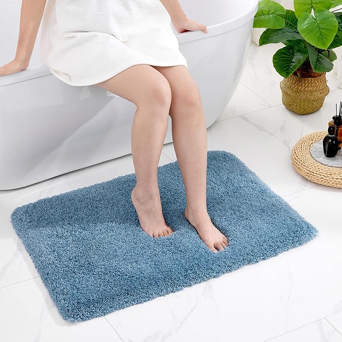 Bathroom Rug 20x32 Non Slip Fluffy Blue Bath Mat for Bathroom Floor Washable Plush Luxury Bath Rug for Tub Soft Shaggy Absorbent Shower Sink Mat