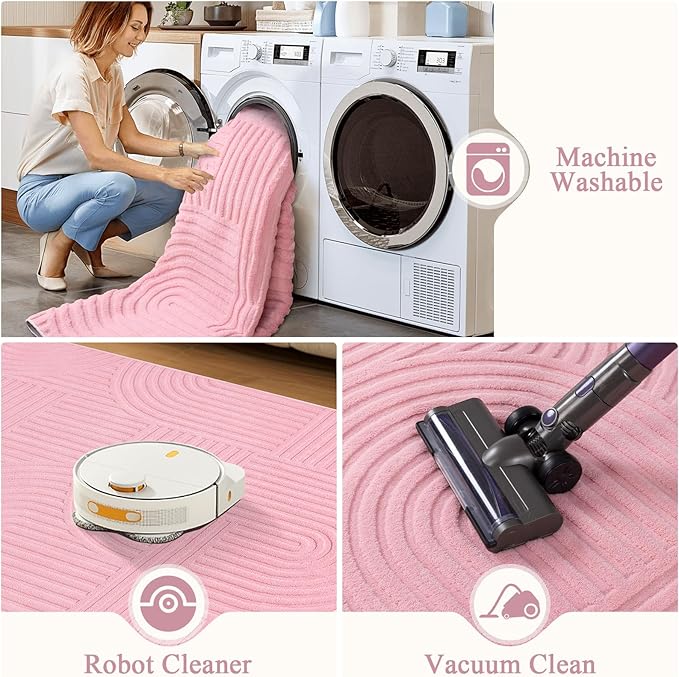 Pauwer 4ft Washable Area Rugs for Living Room Modern Pink Solid Color Soft Fluffy Rugs for Bedroom Non Slip Boho Accent Indoor Mat Floor Carpet Cover for Kids Room Dining Room Kitchen Office, Pink