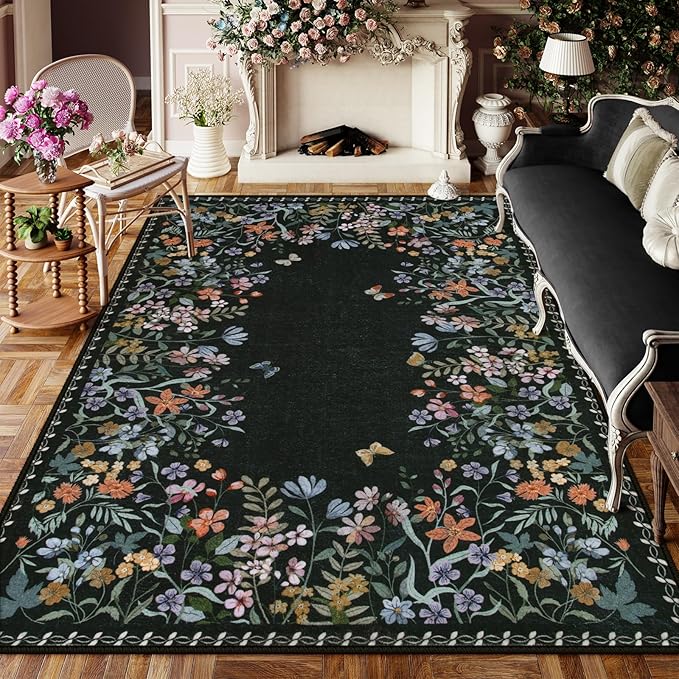 Wonnitar Washable 8x10 Rug, Non-Slip Soft Black Botanical Area Rugs for Living Room, Non-Shedding Large Bedroom Rug, Ultra-Thin Stain Resistant Floor Carpet for Dining Table (Black,8'x10')