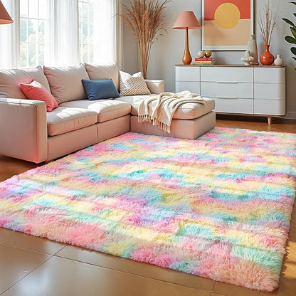Zentavio Unicorn Rugs for Girls Room 5x8 Area Rugs for Living Room Carpet for Bedroom Washable Soft Fluffy Shag Aesthetic Plush High Pile Throw Rug for Nursery Kids Room Dorm Room Rainbow