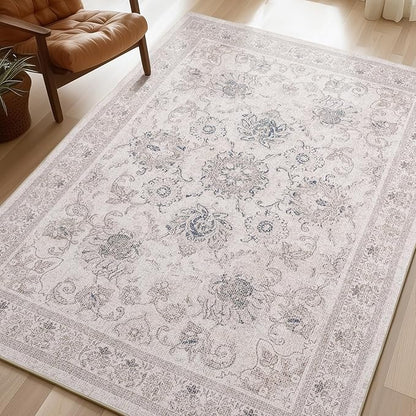 Phantoscope Washable Area Rug 8'x10' Non-Slip, Vintage Neutral Rugs for Living Room, Bedroom, Dining Room, Distressed Boho Floral Medallion Pattern, Low-Pile Foldable Floor Carpet, Cream Beige/Neutral