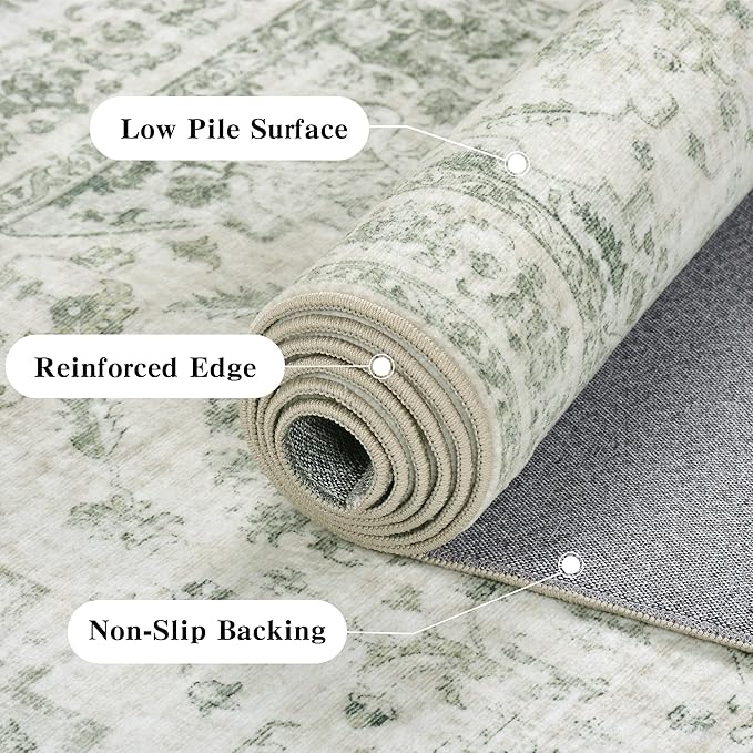 2x3 Vintage Washable Area Rugs for Entryway Soft Non-Slip Bath Mat Boho Medallion Distressed Retro Accent Carpet Floral Low Pile Indoor Throw Rug for Kitchen Laundry Living Room Bedroom, Green