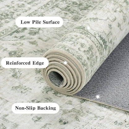 3x5 Vintage Washable Area Rugs Boho Medallion Large Distressed Retro Accent Carpet Floral Non-Slip Soft Low Pile Indoor Throw Rug for Living Room Bedroom Dining Room Office Kitchen, Green