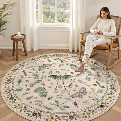 4ft Washable Round Rug - Bug Rugs for Living Room Non-Slip Low Pile Soft Ultra-Thin Machine Washable Circle Carpet for Bedroom, Entryway, Nursery, Kitchen, Home Office (4' Round Beige)