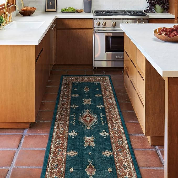 RUGGABLE Washable Vintage Runner Rug – Verena Teal Blue 2.5x7, Stain-Resistant, Non-Slip Hallway Runner – Machine Washable Rug for Hallway, Entryway, Living Room & Kitchen–with Standard Pad