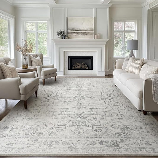Farmhouse Distressed 8x10 Rugs for Living Room Bedroom, Washable Non Slip Dining Room Rugs for Under Table, Low Pile Thin Soft Carpet Medallion Pattern Printed Boho, Off White/Grey