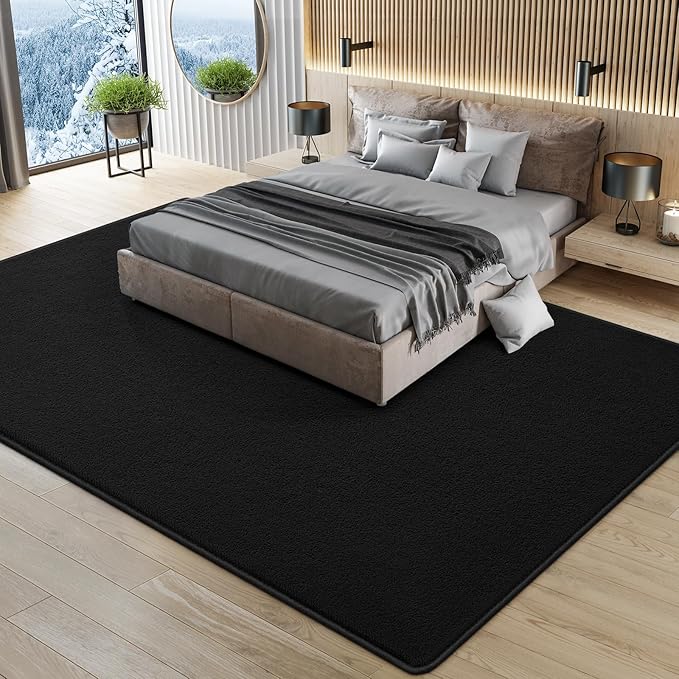 Modern Large Area Rug for Bedroom Living Room, 4x6 Feet Black Thickened Memory Foam Washable Rugs, Non-Slip Soft Minimalist Solid Indoor Carpets for Boys Girls Nursery Room Décor