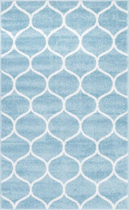 Rugs.com Lattice Frieze Collection Rug – 3' 3 x 5' 3 Light Blue Medium Rug Perfect for Living Rooms, Large Dining Rooms, Open Floorplans