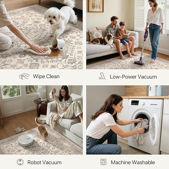 Bavni Washable Runner Rug 2’6”x10, Non Slip Vintage Hallway Runner, Ultra Thin Low Pile Washable Carpet for Kitchen Entryway Bedroom, Light Taupe Brown