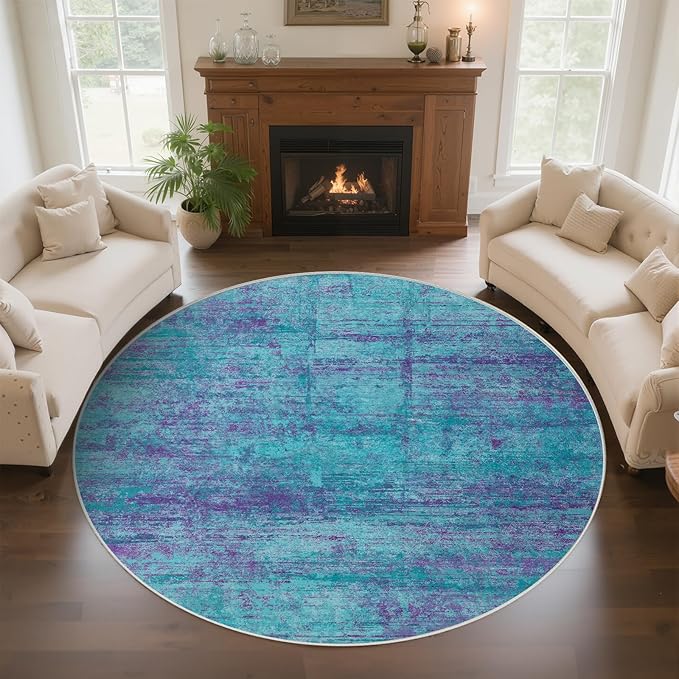 Round 6ft Abstract Rug, Modern Washable Indoor Circle Area Rugs for Living Room, Soft Large Circular Non-Slip Carpet Floor Mat for Bedroom Dining Room Home Office - Teal+Purple