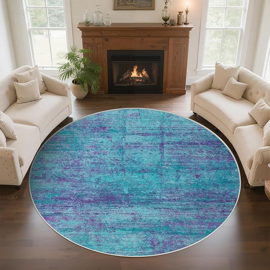 Round 5ft Abstract Rug, Modern Washable Indoor Circle Area Rugs for Living Room, Soft Circular Non-Slip Carpet Floor Mat for Entryway Dining Room Home Office - Teal+Purple