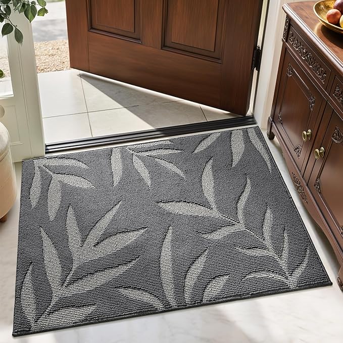 LUMI Indoor Door Mat 32x48, Washable Front Doormat with Welcome Leaf Pattern, Non-Slip Rubber Back Absorbent Mats for Entrance, Patio, Garage, Dark Grey
