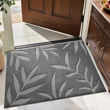 LUMI Indoor Door Mat 32x48, Washable Front Doormat with Welcome Leaf Pattern, Non-Slip Rubber Back Absorbent Mats for Entrance, Patio, Garage, Dark Grey