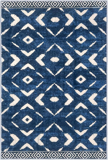 KILOCOCO Area Rug 3'x5' Rug for Entryway Washable Printed Bedroom Rugs Non Slip Boho Low-Pile Soft Rugs for Kitchen Dining Geometric Moroccan Carpet, Blue