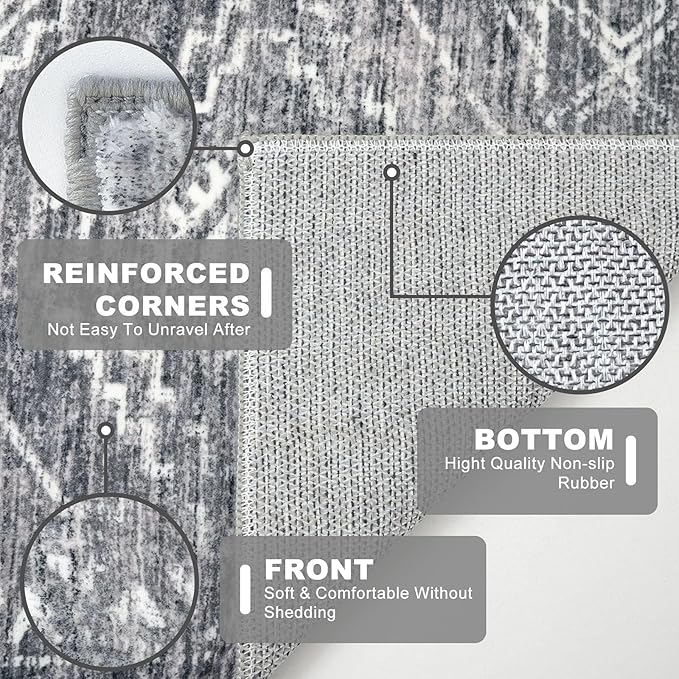 KILOCOCO Boho Entryway Rug 3x5 Area Rug Washable Non Slip Throw Rugs Soft for Kitchen Living Room Dining Bedroom Geometric Moroccan Carpet, Grey