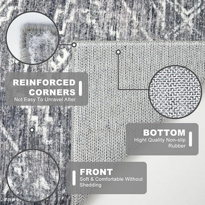 KILOCOCO Boho Entryway Rug 3x5 Area Rug Washable Non Slip Throw Rugs Soft for Kitchen Living Room Dining Bedroom Geometric Moroccan Carpet, Grey