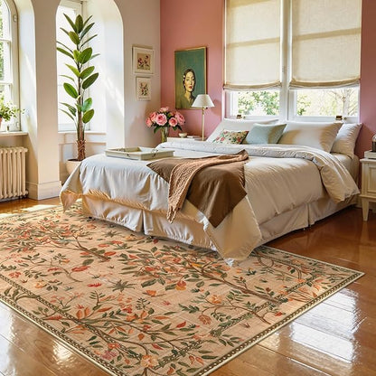 Morebes Machine Washable 5x7 Area Rugs for Living Room, Boho Floral Dining Room Rug Non Slip, Soft Low-Pile Flower Indoor Floor Throw Carpet for Living Room Home Office Playroom Foyer, Brown