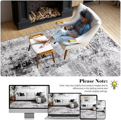 Washable Abstract Rug, 5x7 Modern Area Rugs with Non-Slip Rubber Backed for Living Room, Thin but Soft Contemporary Carpet Kitchen Bedroom Dining Room Decor, Dark Grey