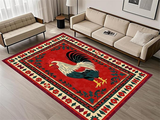 Vintage Rooster Area Rug,5x6ft,Beautiful Floral Border Country Style Rooster Rug，Colorful Retro Home Decoration Rugs，Washable Carpet for Living Room Bedroom Kitchen Farmhouse Office