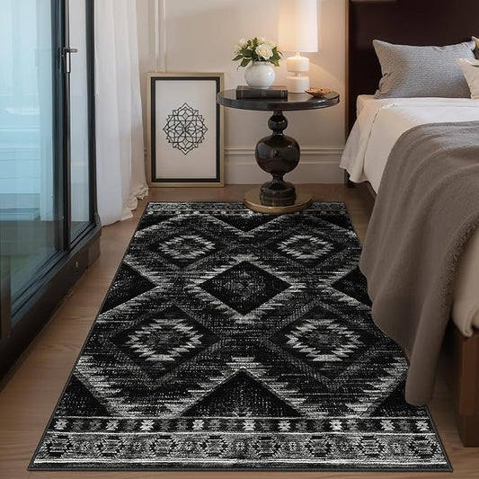 Area Rug 4x6 Rug Machine Washable Non-Slip Low Pile Print Pattern Western Rug for Living Room Bedroom Entryway Tribal Series-Black