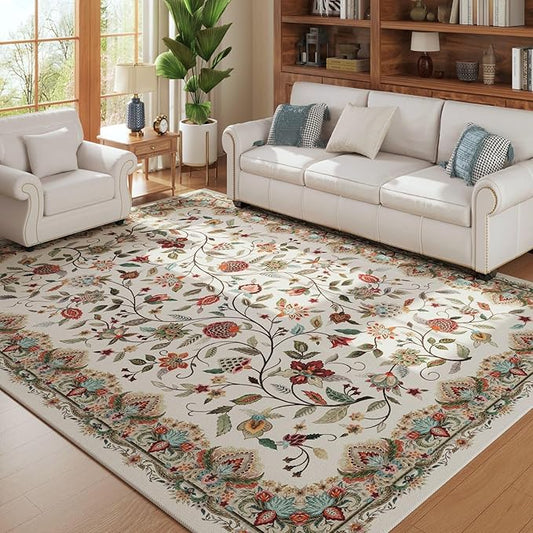 Rugcomf Vintage Paisley Rugs for Living Room 5'x7' - Machine Washable Area Rug, Non-Slip Low Pile Floral Carpet for Bedroom, Dining Room, Farmhouse, Office, Kids Playroom - Beige