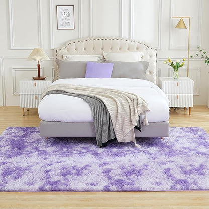 Andency 8x10 Area Rugs for Living Room, Non-Slip Fluffy Soft Large Shag Bedroom Carpet, Tie-Dyed Purple Big Indoor Thick Nursery Rug for Kids Dorm Home Decor Aesthetic