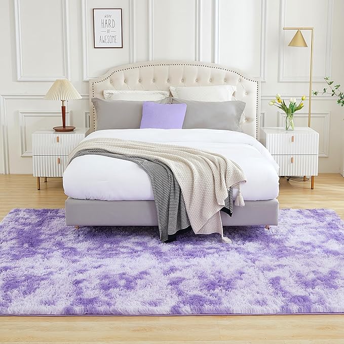 Andency 6x9 Area Rugs, Large Shag Fluffy Soft Shaggy Rugs for Living Room Bedroom, Non-Slip Tie-Dyed Purple Thick Plush Carpet for Kids Girls and Boys, Dorm Nursery Home Decor Aesthetic