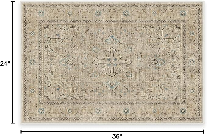 RUGGABLE Washable Vintage Area Rug – Kamran Ivory Opal 2x3, Stain-Resistant, Non-Slip – Small Machine Washable Rugs for Living Room, Bedroom, Hallway, Entryway & Bathroom–with Cushioned Pad