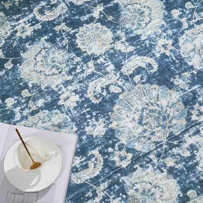 jinchan Fiora Round Rug 4ft Area Rug - Indoor Vintage Hallway Circle 4' Washable - Ultra-Thin Low Pile Soft Small Non Slip Distressed Floral Print for Living Room Bedroom Entryway Dark Blue