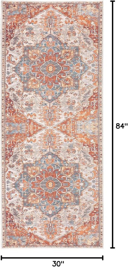 GLN Rugs Traditional Collection - Machine Washable Area Rug, Traditional Washable, Non Slip, Low Pile Chenille Rug, Living Room, Bedroom, Kitchen Rug (2'6" x 7' Cream/Terra)