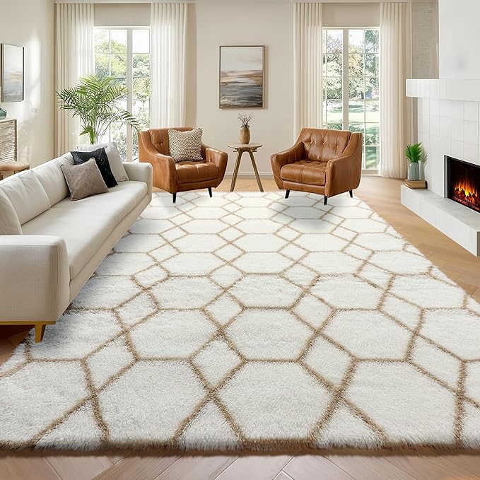 ONASAR Large Living Room Area Rug 6x9, White and Beige Geometric Rugs Floor Mat for Bedroom Home Decor Aesthetic, Soft Fuzzy Shaggy Plush Fluffy Moroccan Carpet for Dorm Classroom Farmhouse