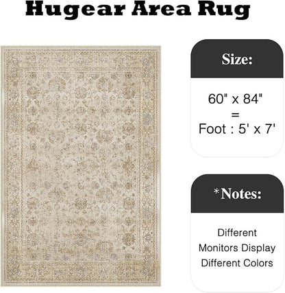 HUGEAR 5x7 Area Rug Beige Vintage Machine Washable Living Room Rugs Distressed Retro Floral Vacuumable Low Pile Carpet Bedroom Office Dining Room Laundry Room Non Slip Soft Lightweight
