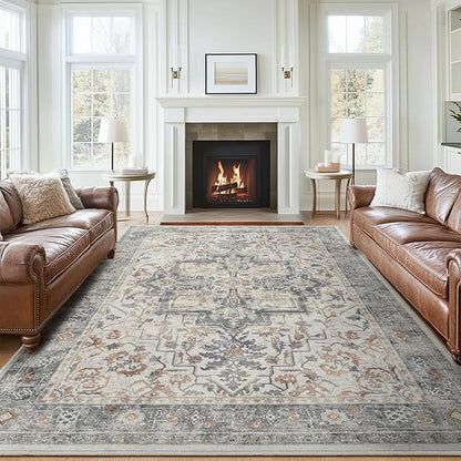 Farmhouse Distressed 8x10 Rugs for Living Room Bedroom, Washable Non Slip Vintage Dining Room Rugs for Under Table, Low Pile Thin Soft Carpet Medallion Pattern Printed Boho, Grey/Orange-Brown
