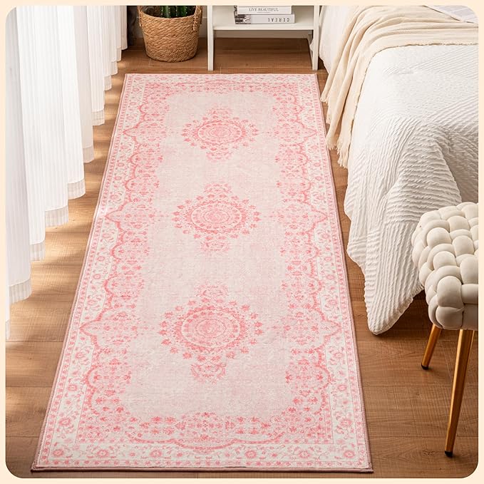Istana Hallway Runner Rug 2.5x8 - Pink Kitchen Rugs Non Slip Washable -Silk's Soft Touch Carpet Runner - Stylish Runner Rugs for Home