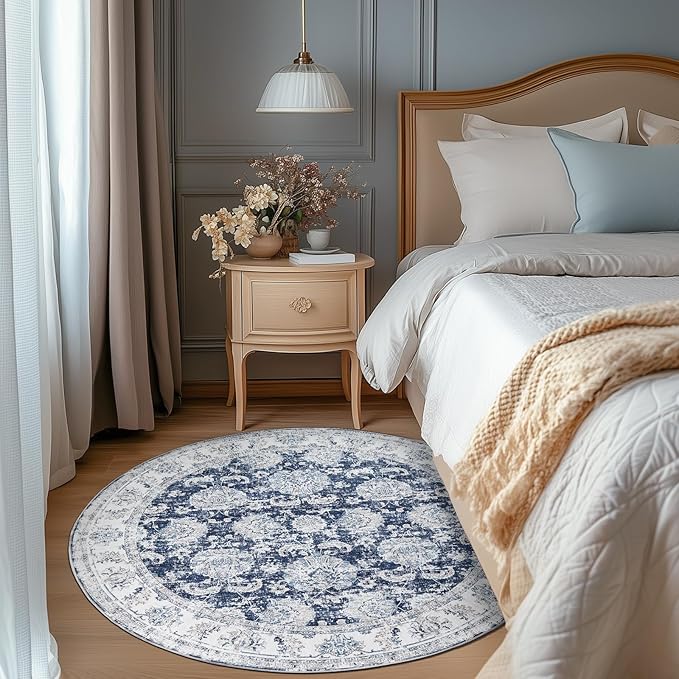 jinchan Fiora Round Rug 5ft Area Rugs Vintage Floral Distressed Design - Machine Washable Non-Slip Low-Pile Ultra-Thin Circle Rug for Entryway Bedside Living Room Bedroom (5' Round, Dark Blue)